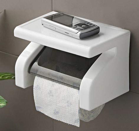 Toilet Roll Holder/ Tissue Paper Stand Box with Shelf Rack (White)