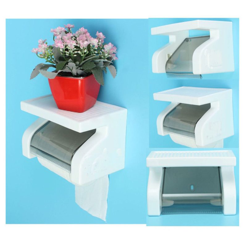 Toilet Roll Holder/ Tissue Paper Stand Box with Shelf Rack (White)