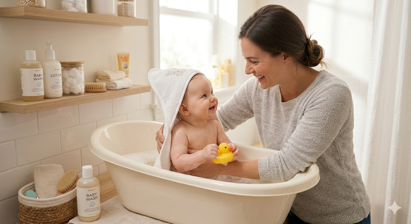 Mother gently bathing her baby in a small tub, demonstrating safe and proper baby hygiene routine.