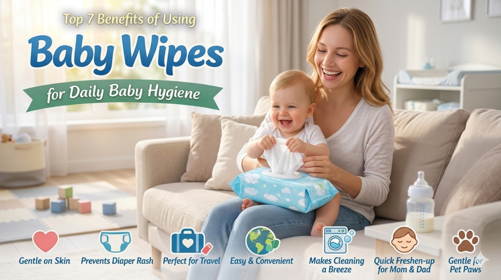 Mother cleaning baby with wipes, highlighting daily baby hygiene benefits.