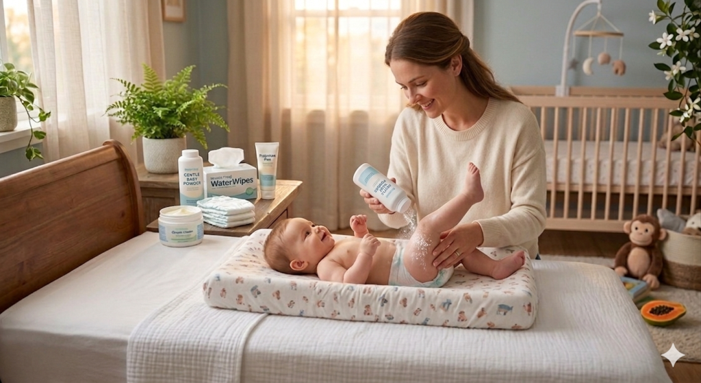 Mother applies baby powder to her child on a bed.