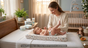 Mother changes baby’s diaper on a bed in a nursery.