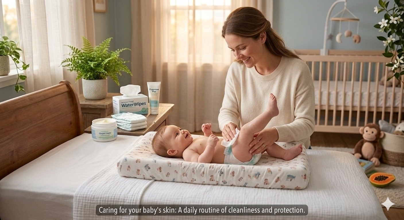Mother changes baby’s diaper on a bed in a nursery.