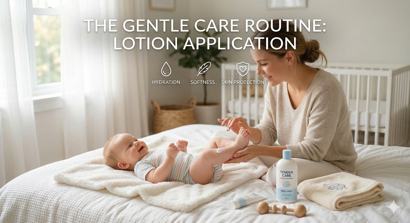 **Alt Text:** Mother applying baby lotion to smiling baby on soft bed, highlighting daily baby skincare routine, hydration, skin protection, and gentle care for sensitive skin.