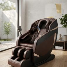 High-end 4D massage chair with zero gravity recline, full-body airbag system, foot rollers, and built-in Bluetooth speakers in a modern luxury design