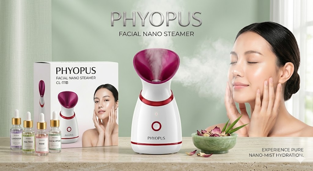 Woman using a facial steamer for the best face steamer treatments for all skin types.