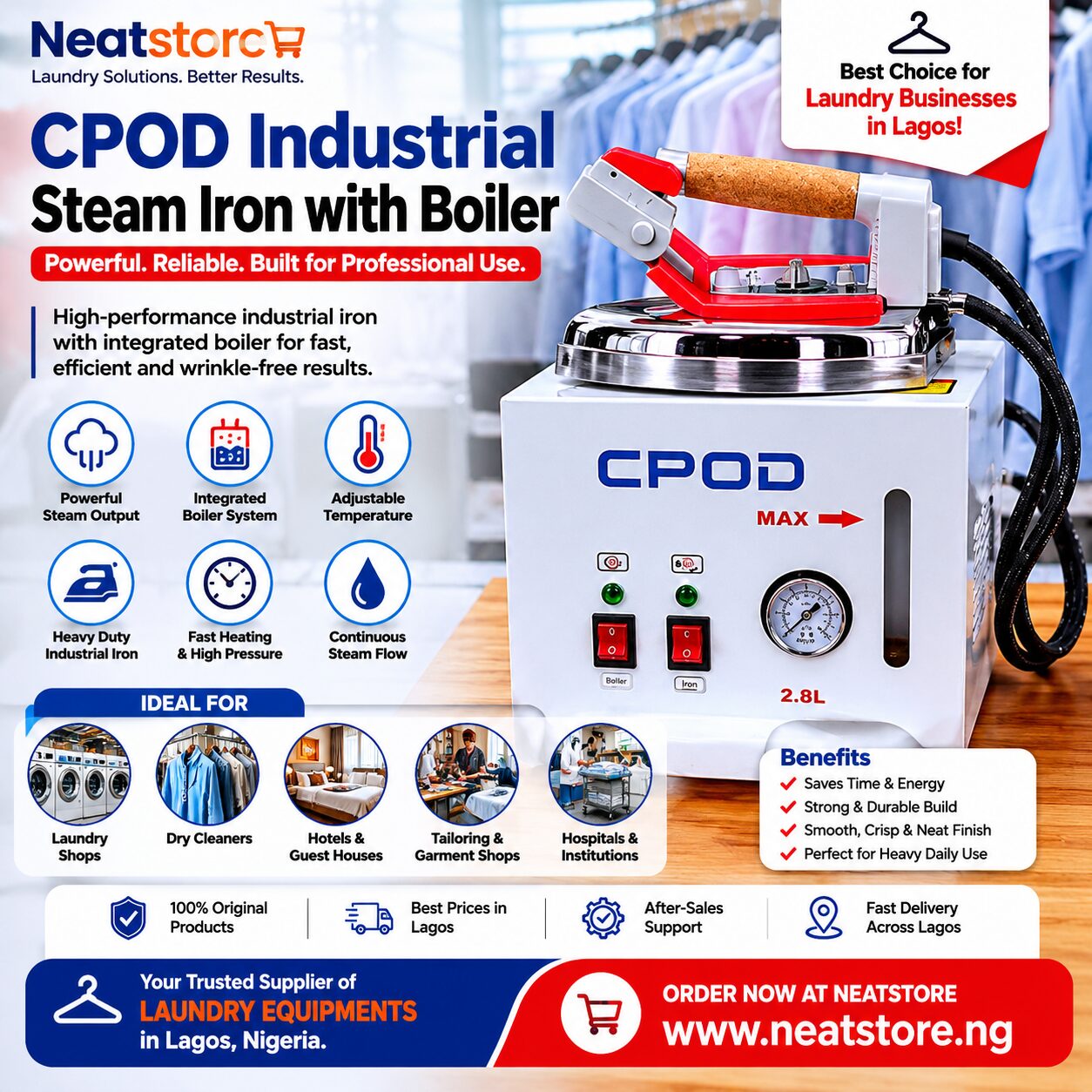 Industrial steam iron with boiler for sale in Lagos Nigeria