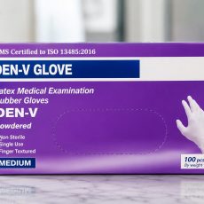 Purple DEN-V latex medical examination gloves box for hygiene protection.