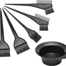 Professional mixing bowls and applicator brushes for hair beauty.