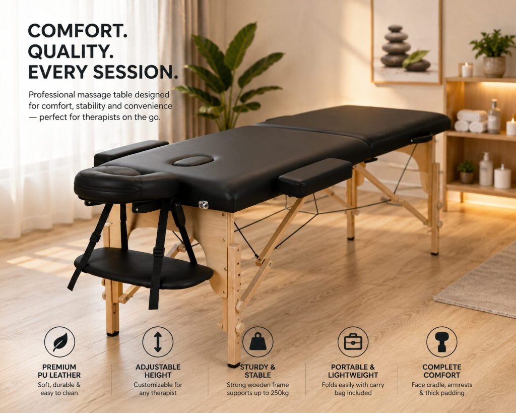 Adjustable massage bed in a modern spa treatment room with therapist preparing for a relaxing client session.