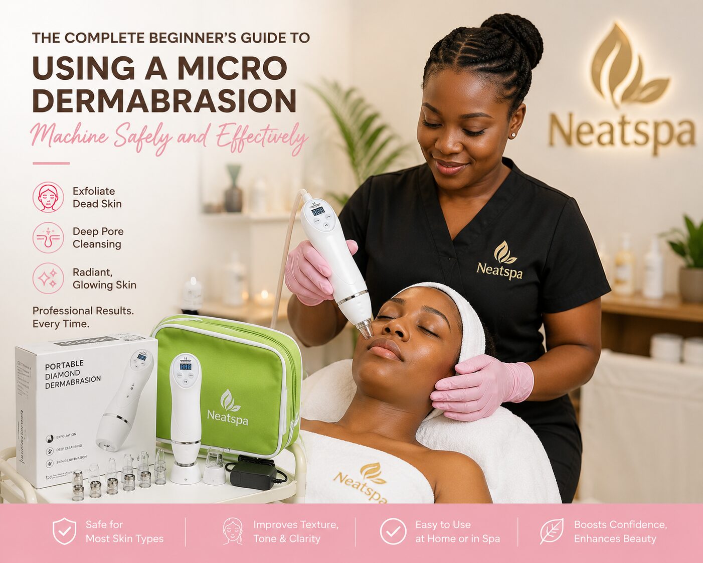 African esthetician using Neatspa portable micro dermabrasion machine on client during professional facial treatment in a modern spa.