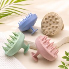 Scalp Massage Shampoo Brush infographic showing pink and teal silicone scalp massagers with soft bristles, deep scalp cleansing benefits, hair health improvement features, and shampoo application demonstration.