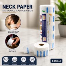 Disposable barber neck paper rolls for salons and barbershops, featuring hygienic, stretchable neck strips displayed in a professional studio setting.