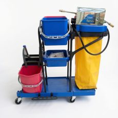 Double trolley for cleaning equipment with dual buckets, durable frame, and wheels for efficient professional cleaning in commercial spaces.