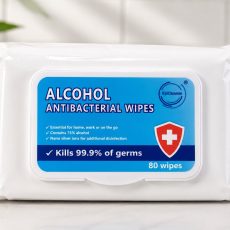 Alcohol antibacterial wipes pack displayed in a clean hygienic setting.