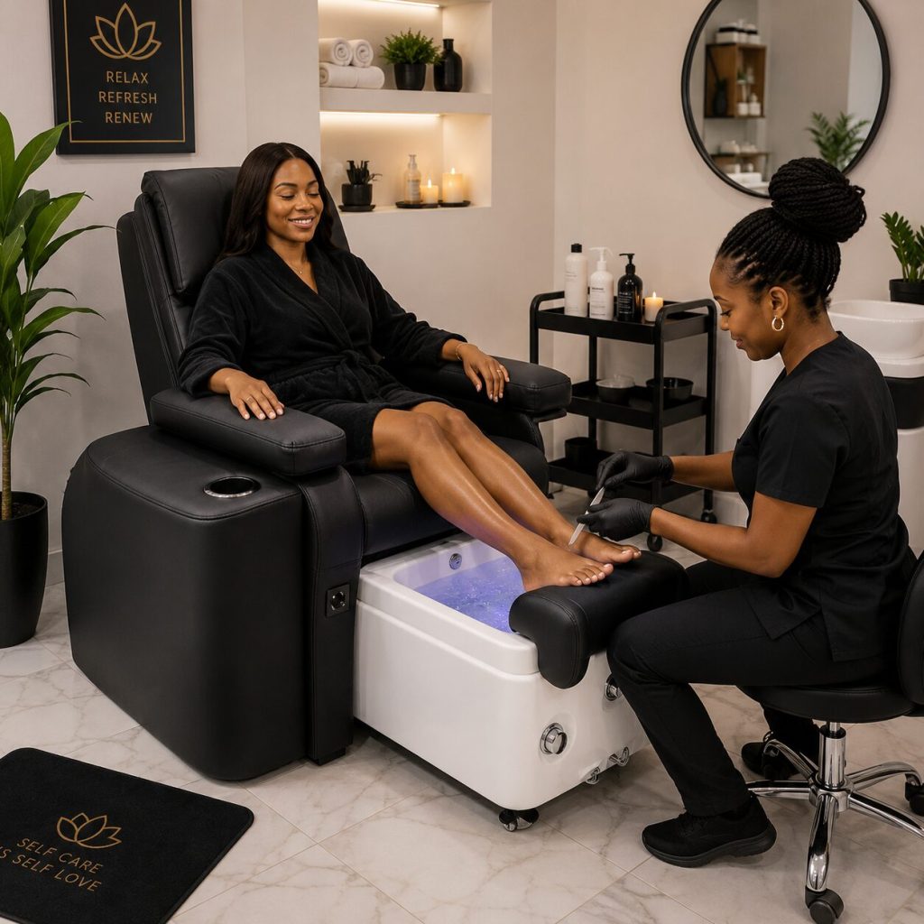 African salon client enjoying a relaxing pedicure in a modern Pedicure Seat With Jacuzzi during a luxury spa treatment.