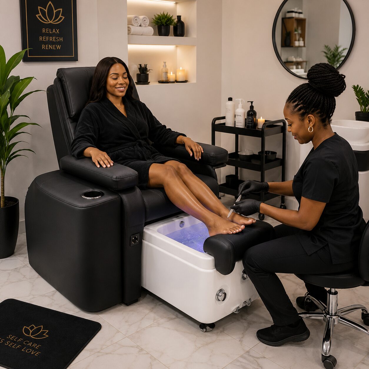 African salon client enjoying a relaxing pedicure in a modern Pedicure Seat With Jacuzzi during a luxury spa treatment.