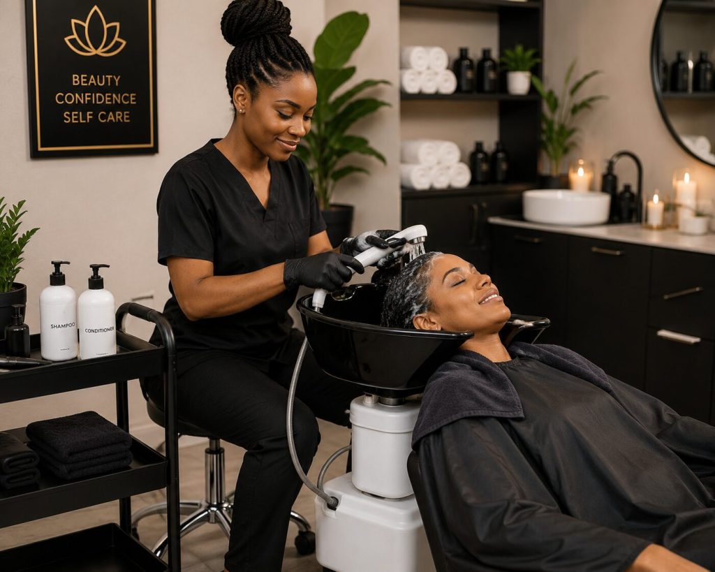 African mobile hairdresser using a portable salon shampoo basin to wash a client's hair in a modern home salon.