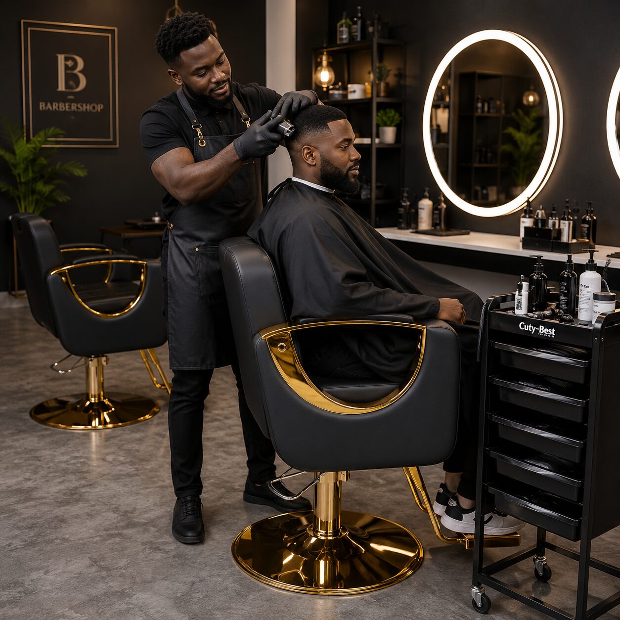 African hairstylist using a comfortable unisex salon chair while styling a satisfied client in a modern salon.