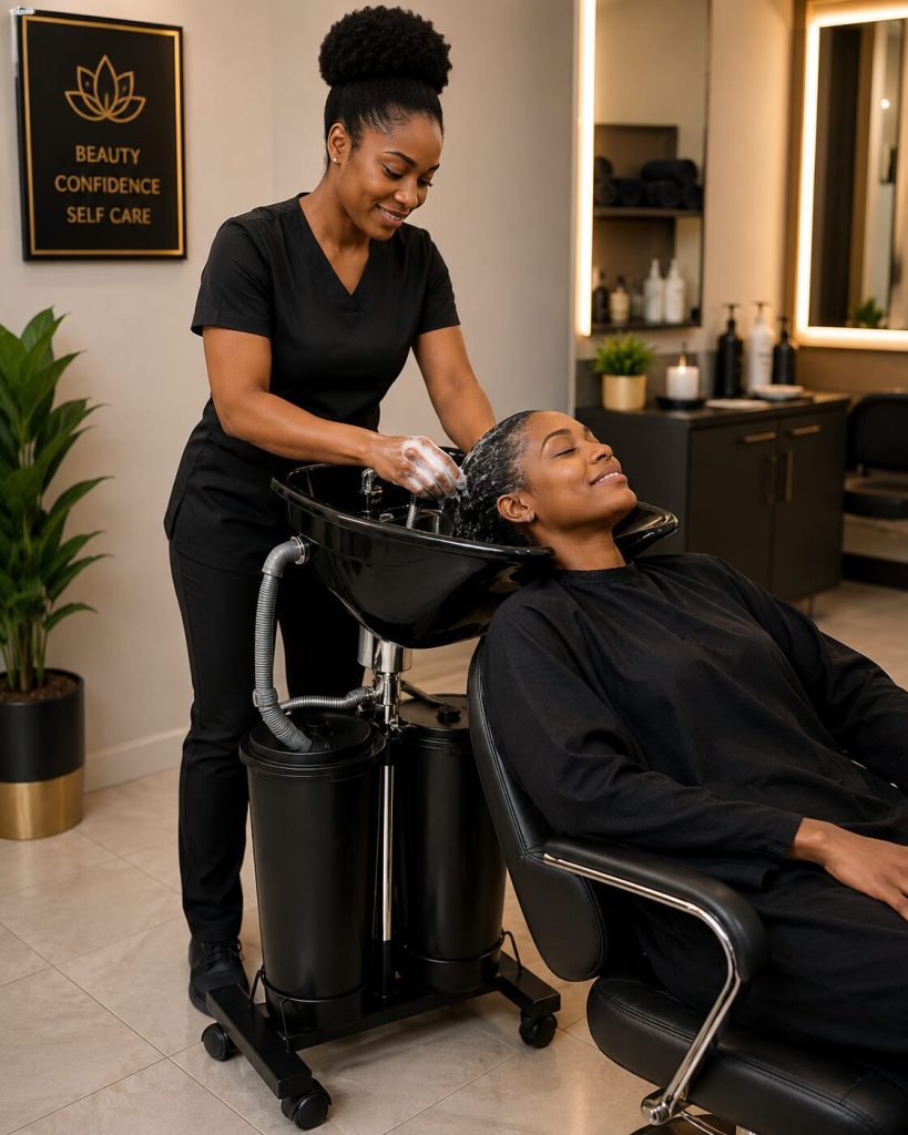 Double Bucket Hair Wash Basin compared with a traditional salon hair wash basin in a modern professional salon.
