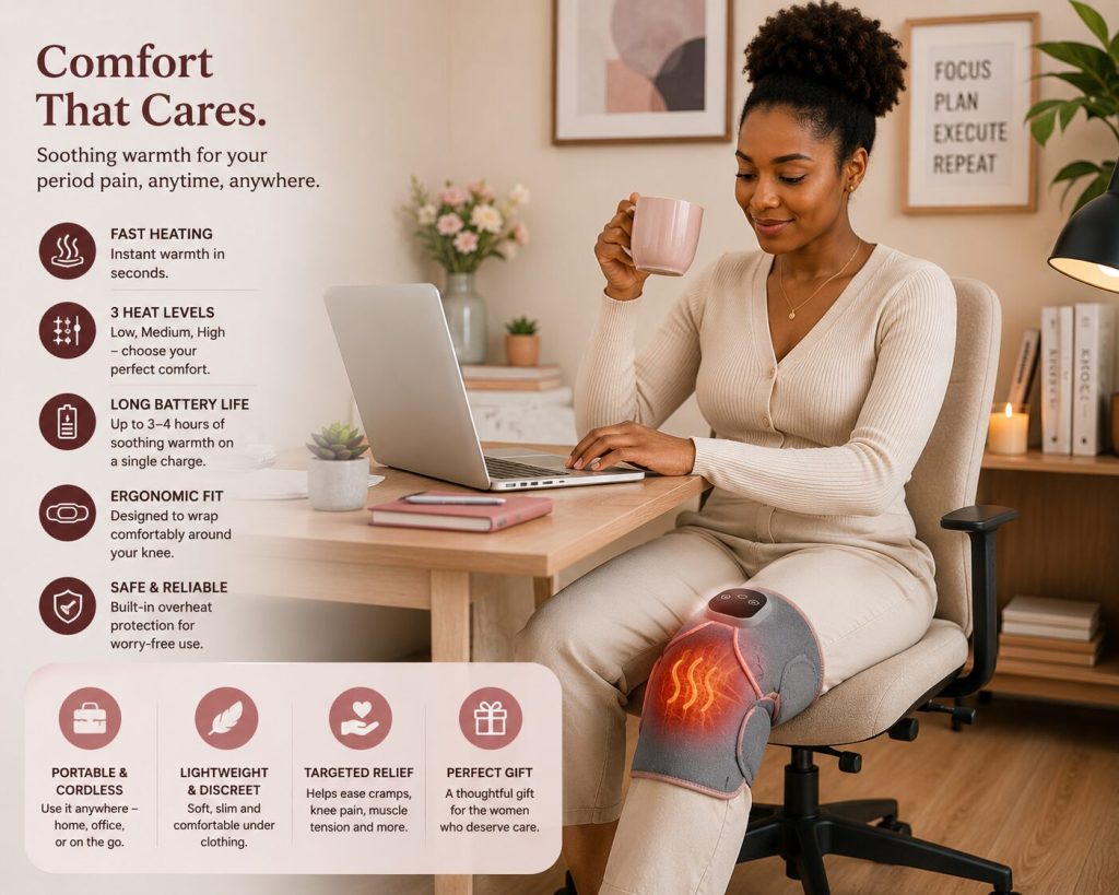 Wireless knee massager with adjustable heat and vibration therapy for effective knee pain relief and muscle recovery.