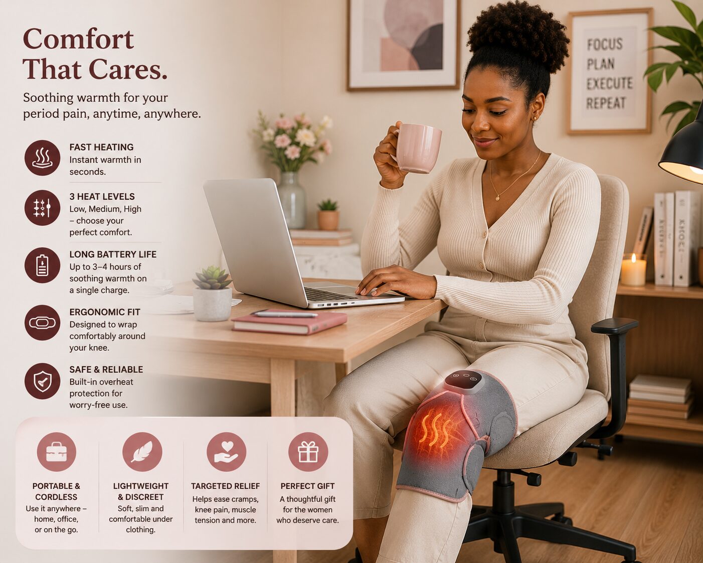 Wireless knee massager with adjustable heat and vibration therapy for effective knee pain relief and muscle recovery.