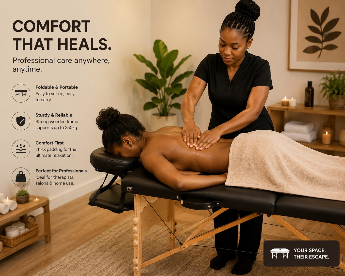 Adjustable massage bed in a modern spa treatment room with therapist preparing for a relaxing client session.