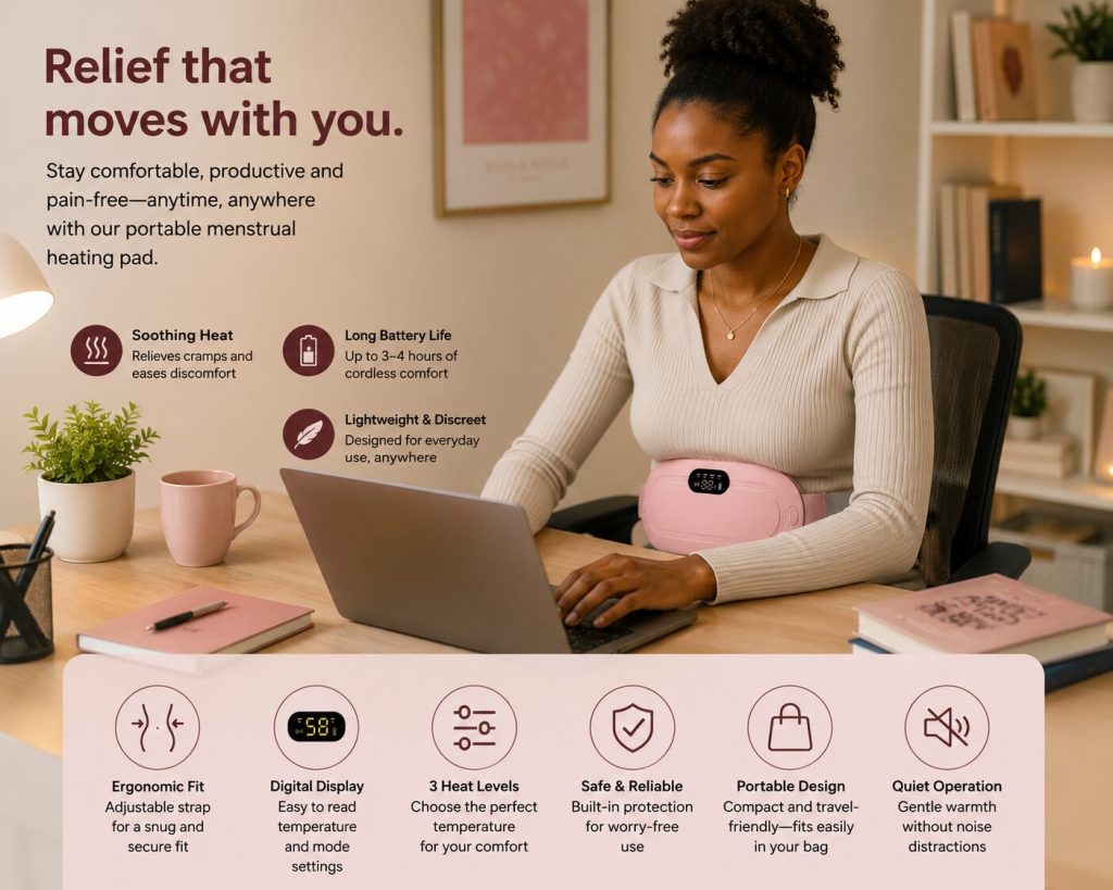Woman wearing a portable menstrual heating pad while working at her desk.