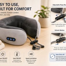 Soft gray heated neck massage pillow with adjustable drawstring, control buttons, and ergonomic memory foam design on a modern wooden surface.